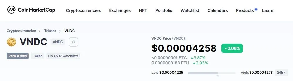VNDC trên Coinmarketcap.com