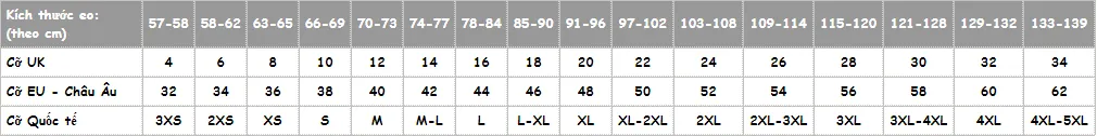 bảng size quần ngắn, quần dài, quần thể thao nữ